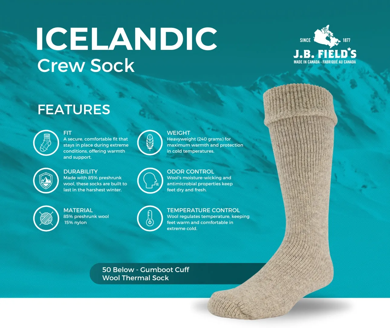 2 PAIR - J.B. Field's Icelandic "50 Below Ice" Wool Thermal Sock (SLIGHTLY IMPERFECT) sold by Great Sox product image thumbnail 2