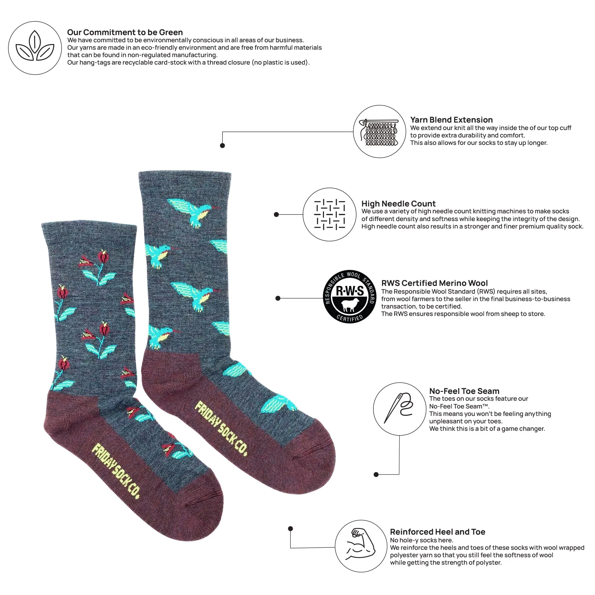 "Hummingbird" 70% Merino Wool Socks by Friday Sox Co - Medium sold by Great Sox product image thumbnail 3