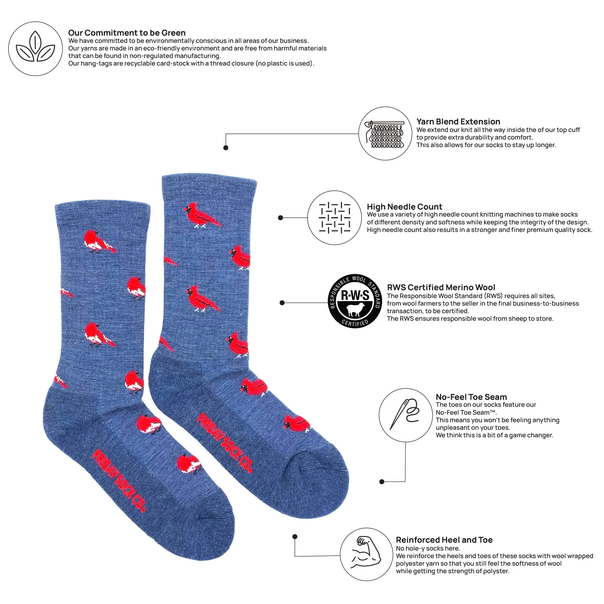 "Cardinal and Robin" 70% Merino Wool Socks by Friday Sock Co - Medium sold by Great Sox product image thumbnail 3