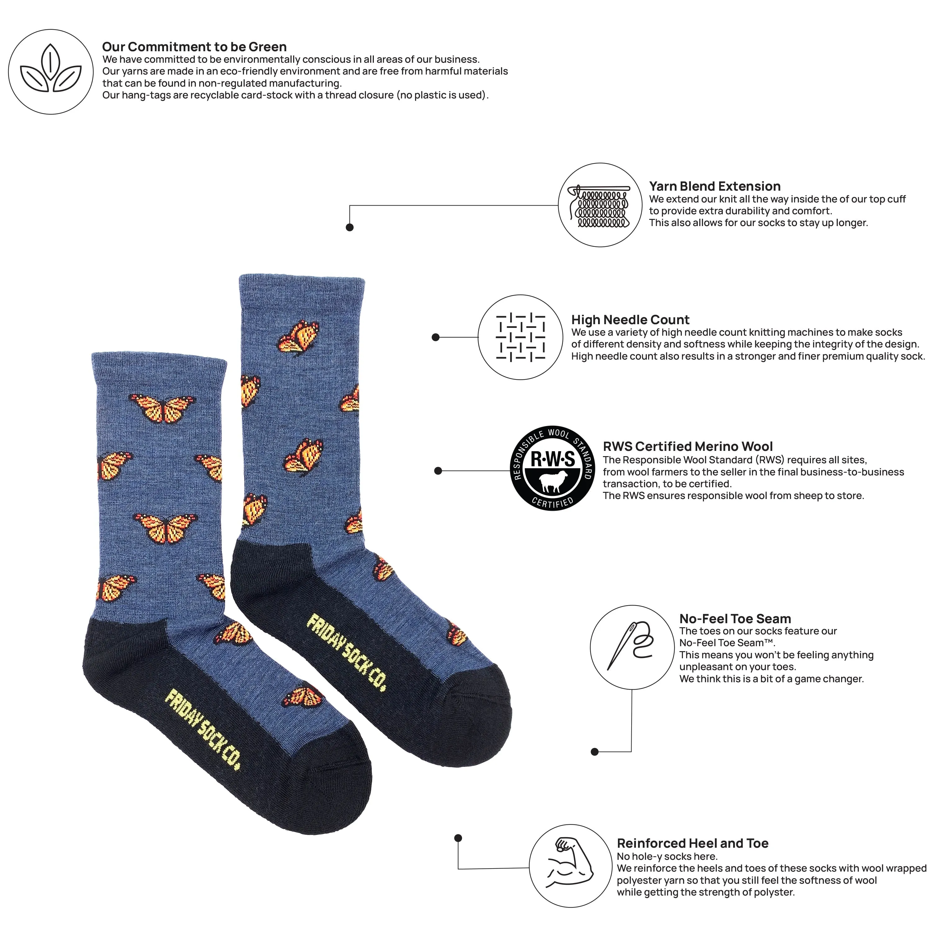 "Butterfly" 70% Merino Wool Socks by Friday Sock Co - Medium sold by Great Sox product image thumbnail 3