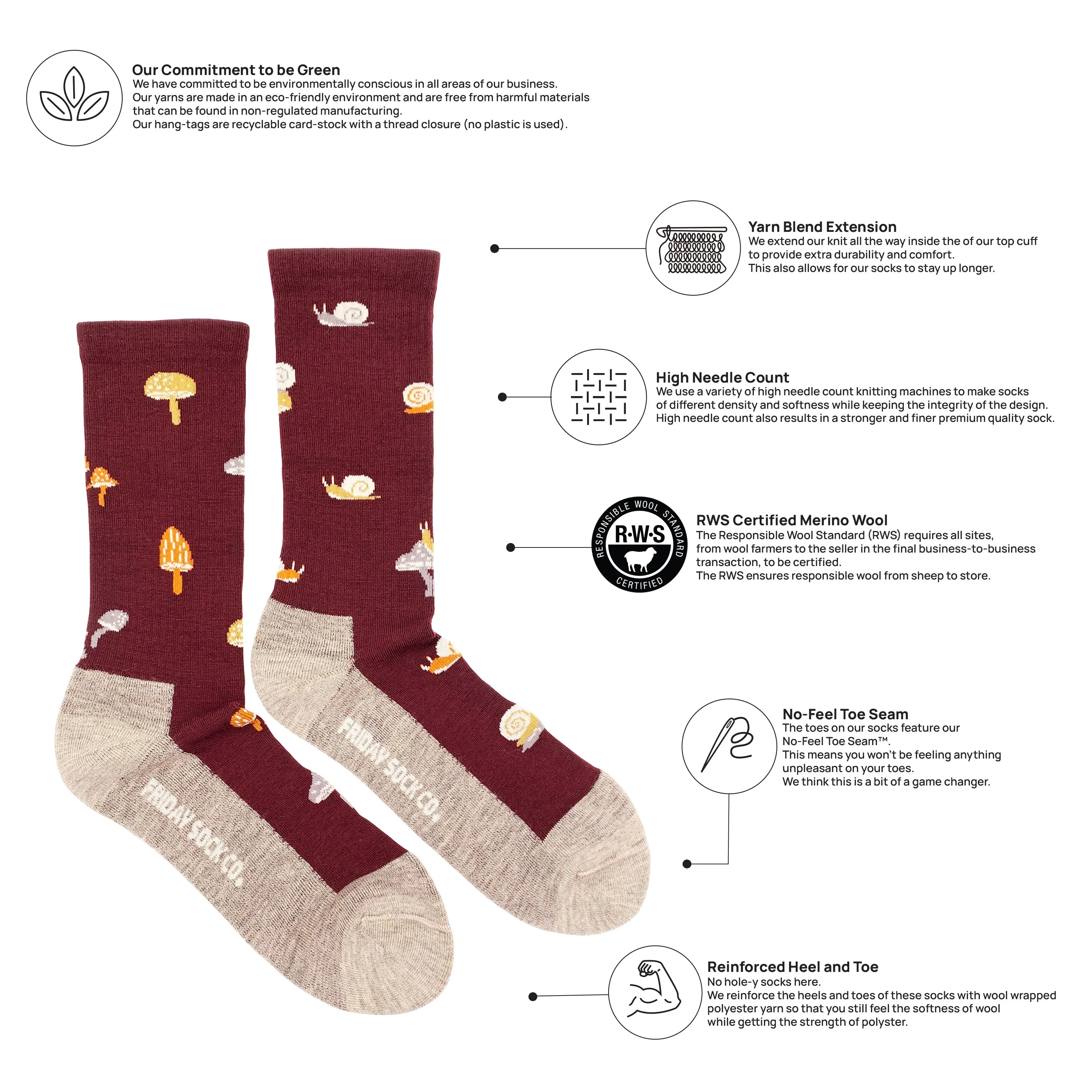 "Mushroom" 70% Merino Wool Socks by Friday Sock Co sold by Great Sox product image thumbnail 3