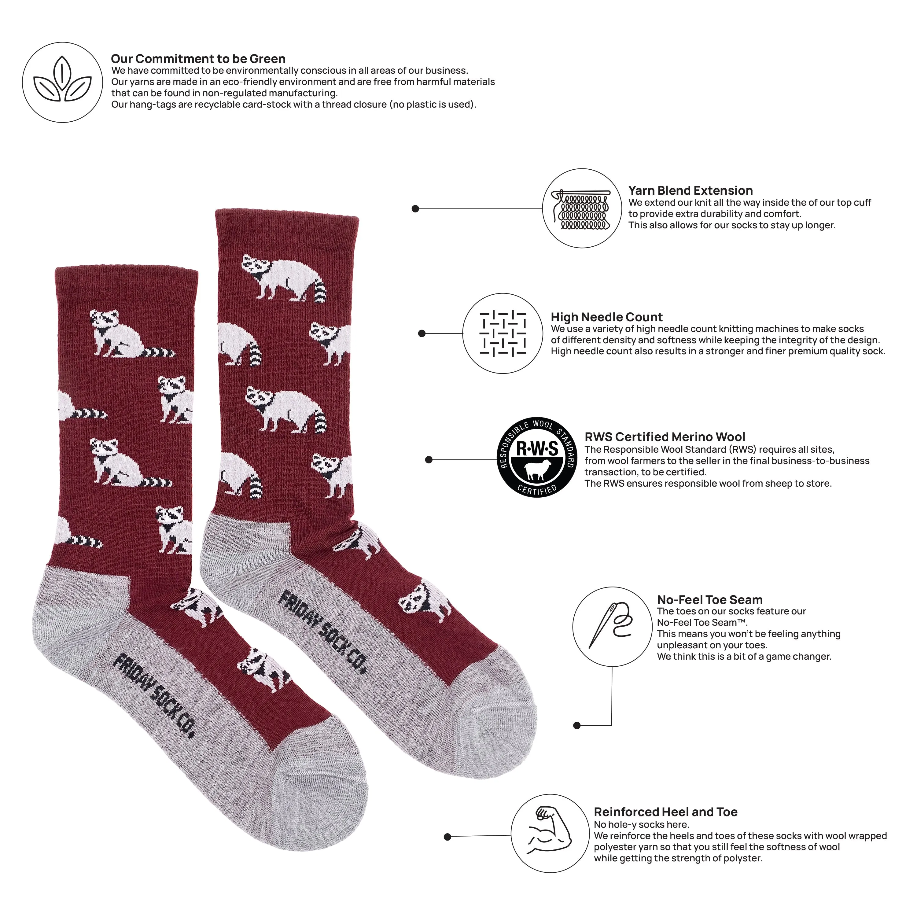 "Raccoon" 70% Merino Wool Socks by Friday Sock Co - Large sold by Great Sox product image thumbnail 3