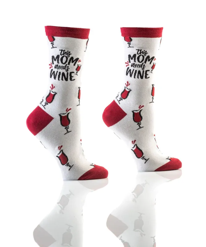 "Mom Needs Wine" Cotton Dress Crew Socks by YO Sox - Medium made by Great Sox