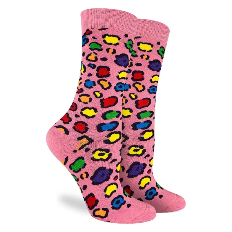 Leopard Rainbow Print Socks" Crew Socks by Good Luck Sock - Medium made by Great Sox