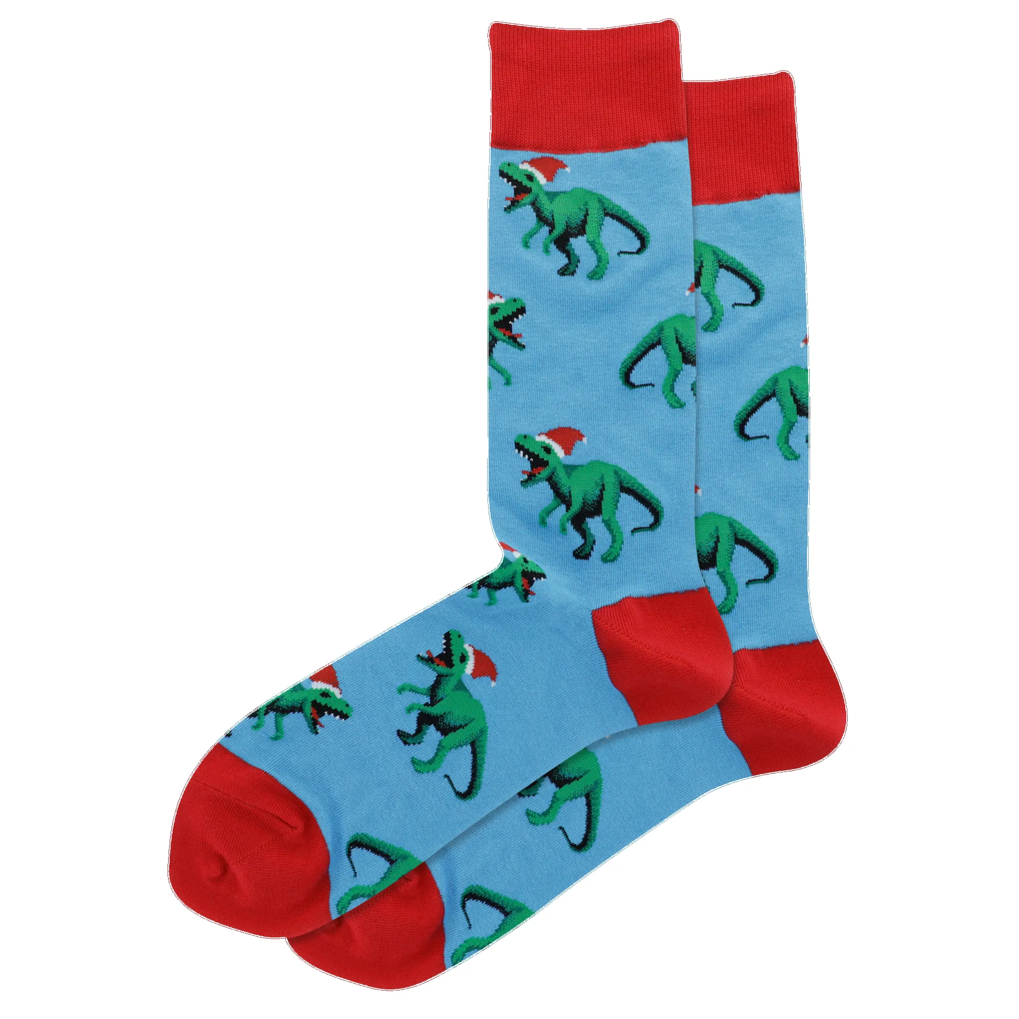 "T-Rex with Santa Hat" Cotton Crew Socks by Hot Sox - Large sold by Great Sox