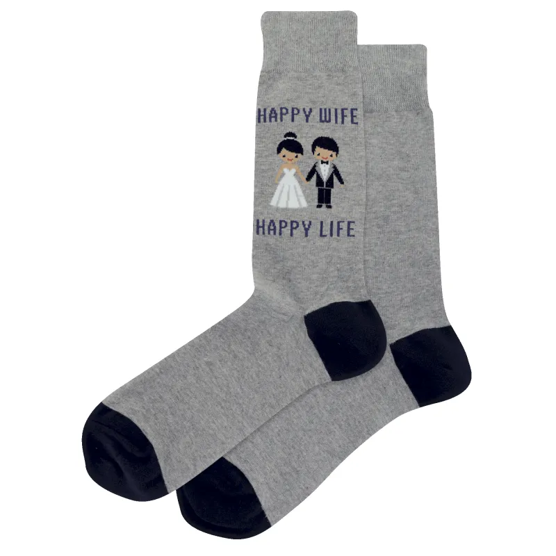 "Happy Wife Happy Life" Cotton Crew Socks by Hot Sox - Large sold by Great Sox