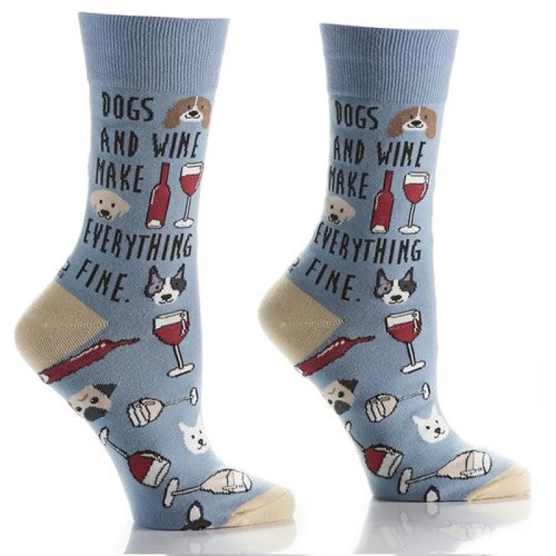 "Dogs and Wine" Cotton Dress Crew Socks by YO Sox -Medium made by Great Sox