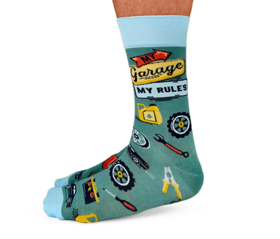 "Garage Guru" Cotton Crew Socks by Uptown Sox - Large made by Great Sox