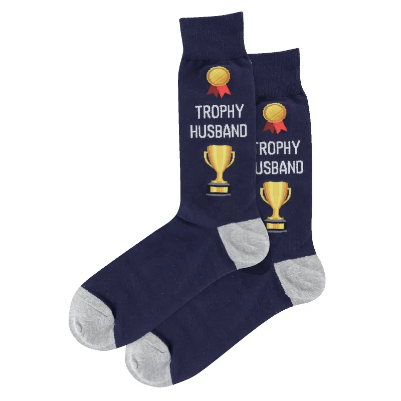 "Trophy Husband"Cotton Crew Socks  Navy by Hot Sox - Large sold by Great Sox