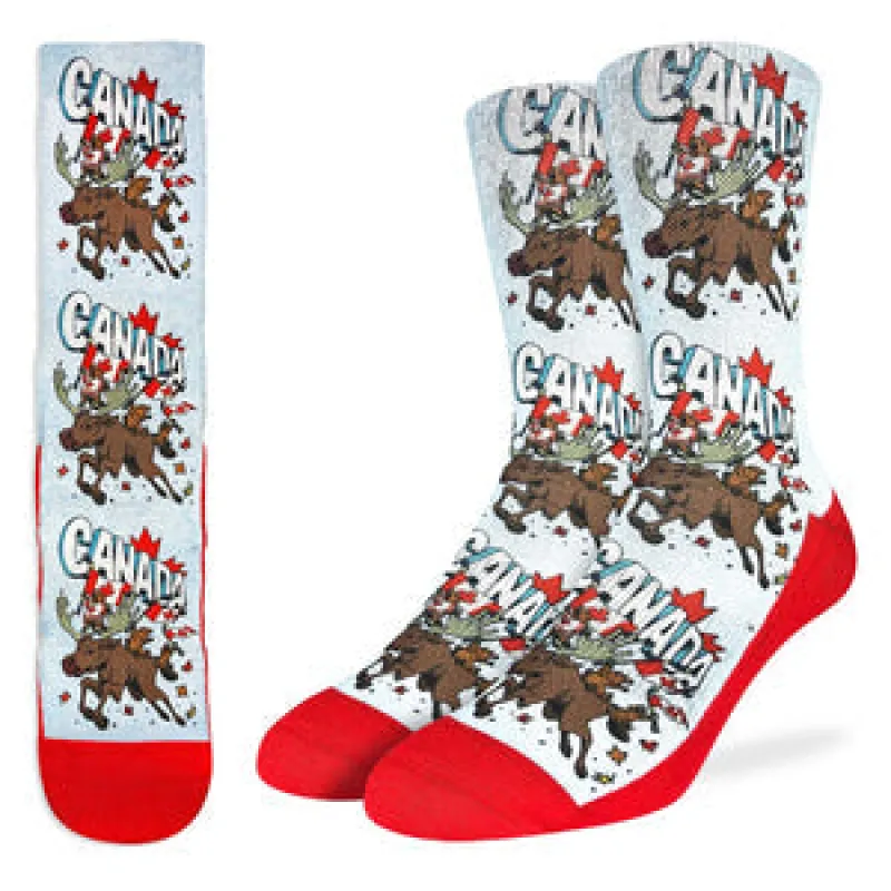 "Majestic Canadian Moose and Beaver" Active Crew Socks by Good Luck Sock - Large sold by Great Sox