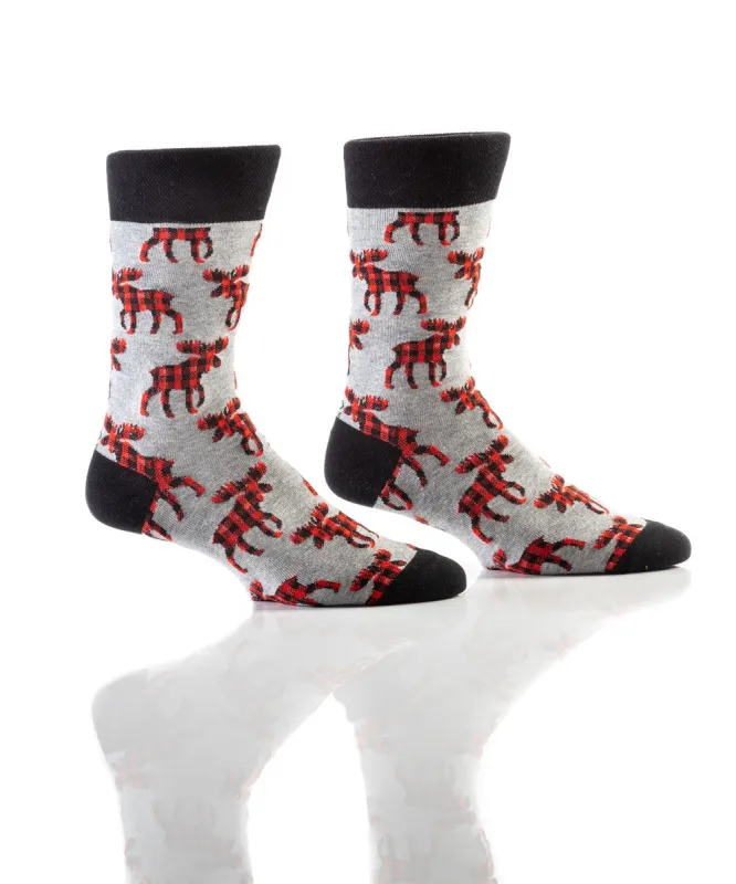 ''Buffalo Plaid Moose" Cotton Dress Crew Socks by YO Sox -Large sold by Great Sox