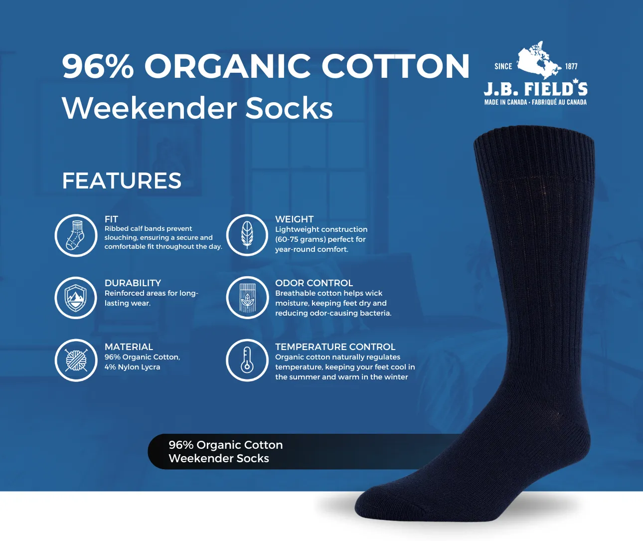 J.B. Field's 96% Organic Cotton Weekender Socks sold by Great Sox product image thumbnail 2