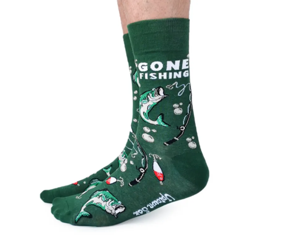 "Gone Fishing" Cotton Crew Socks by Uptown Sox - Large sold by Great Sox