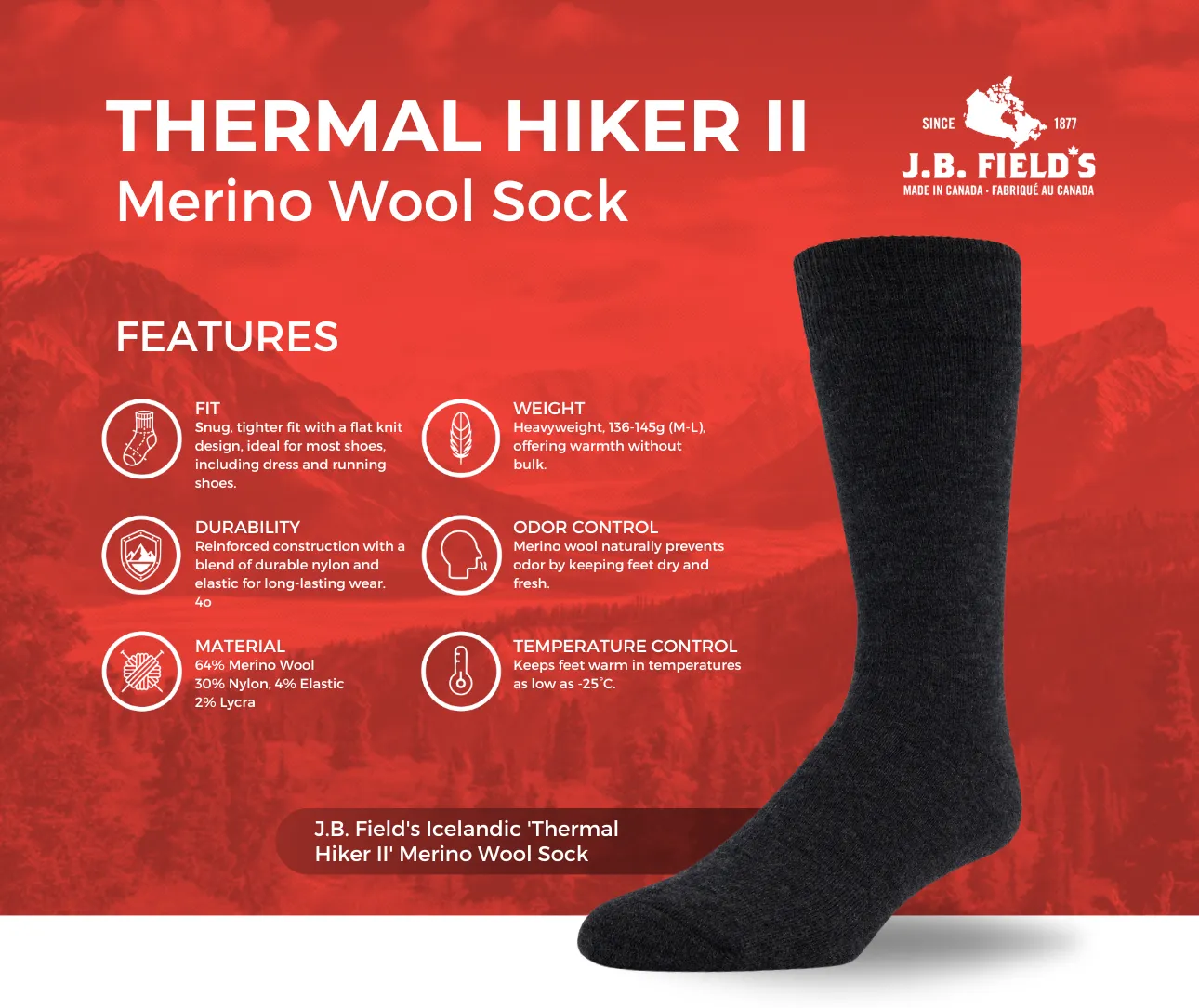 J.B. Field's Icelandic 'Thermal Hiker II' Merino Wool Sock sold by Great Sox product image thumbnail 2