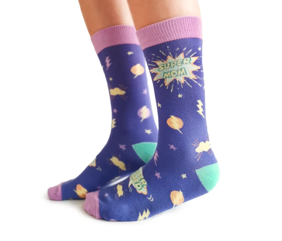 "Super Mom" Cotton Crew Socks by Uptown Sox - Medium made by Great Sox