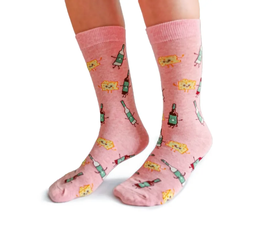 "Wine Hearts Cheese" Cotton Crew Socks by Uptown Sox - Medium sold by Great Sox