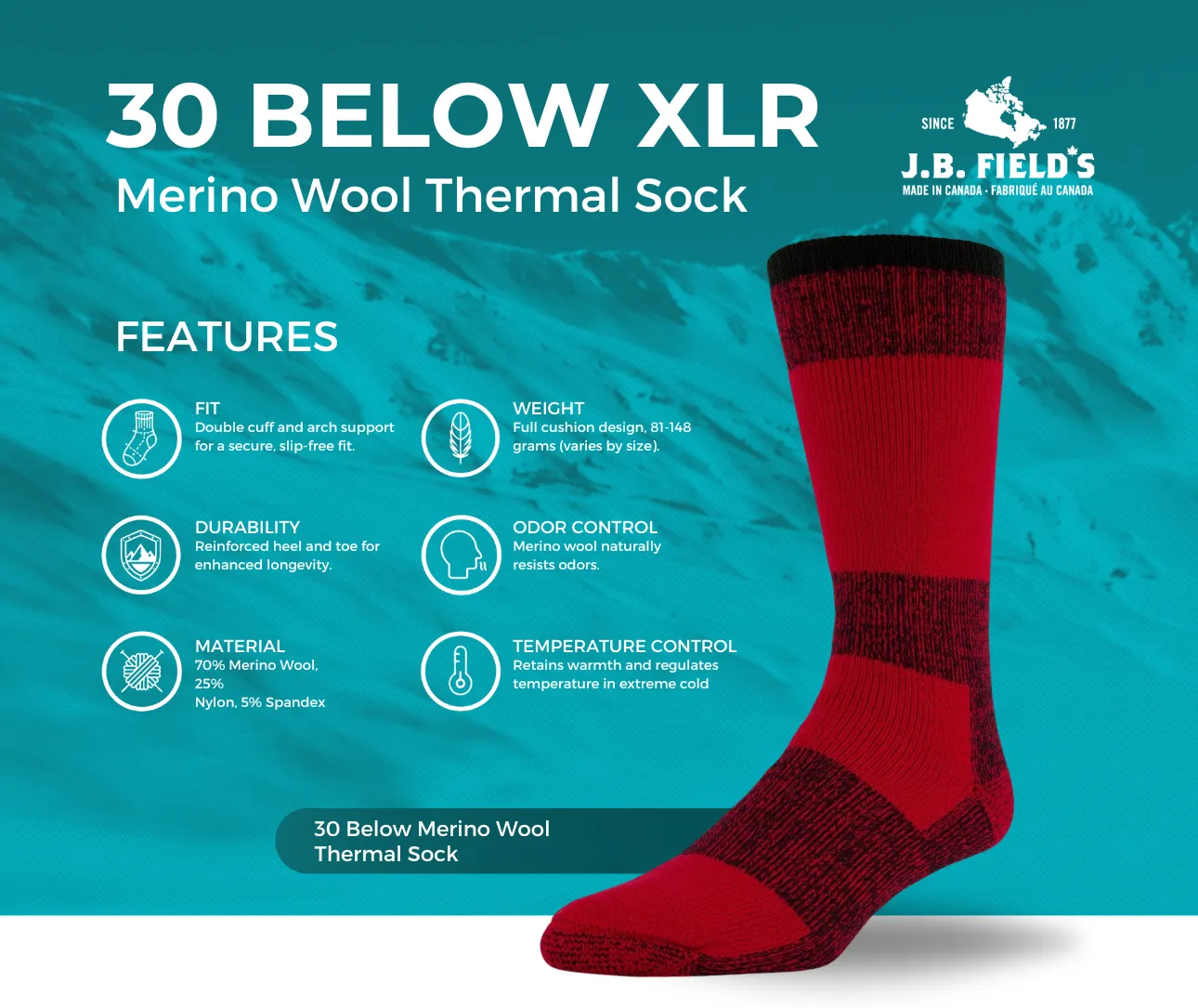 J.B. Field's Icelandic "30 Below XLR" 70% Merino Wool Thermal Sock sold by Great Sox product image thumbnail 2
