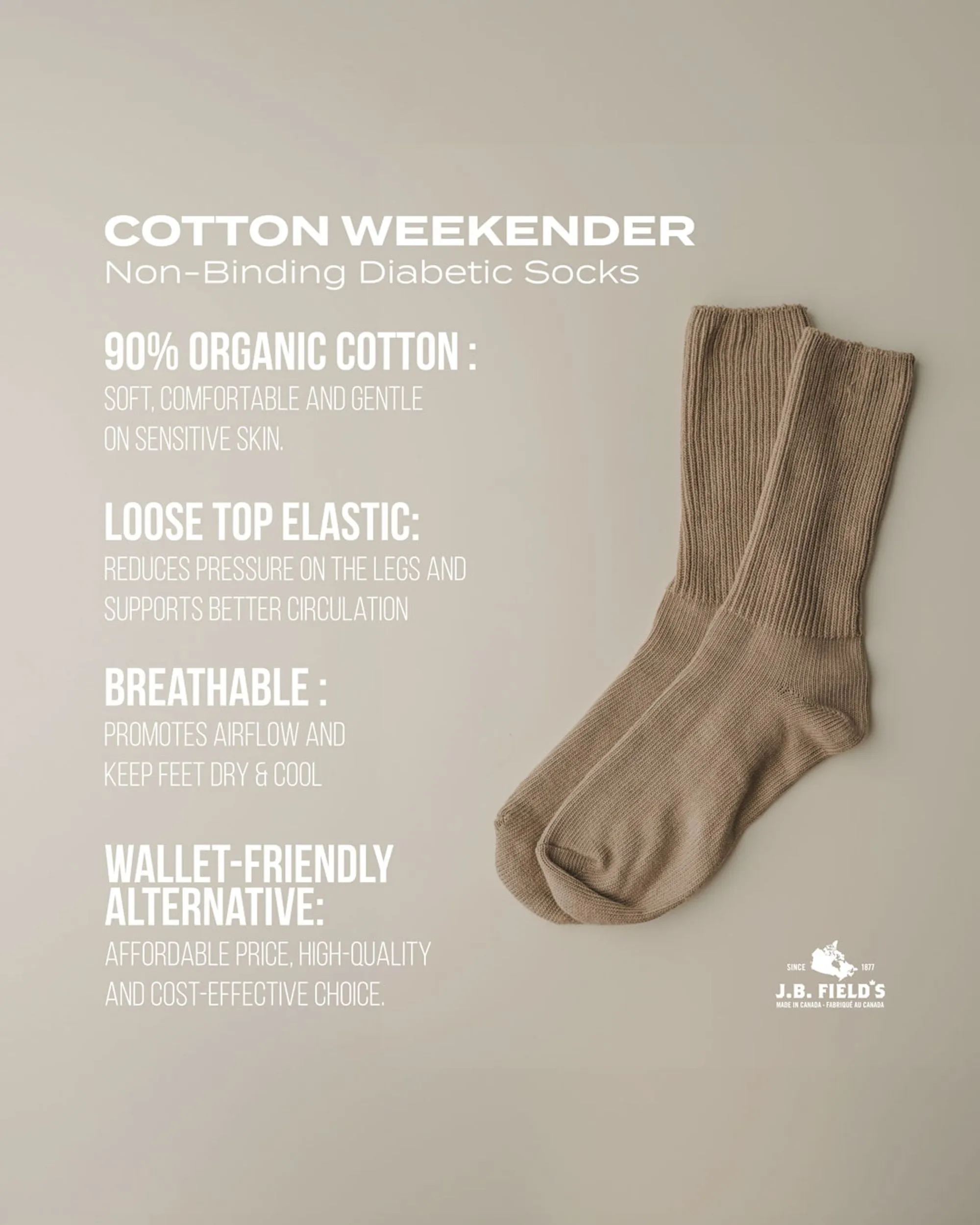 J.B. Field's "Non-elastic Weekender" 90% Organic Cotton Diabetic sold by Great Sox product image thumbnail 2