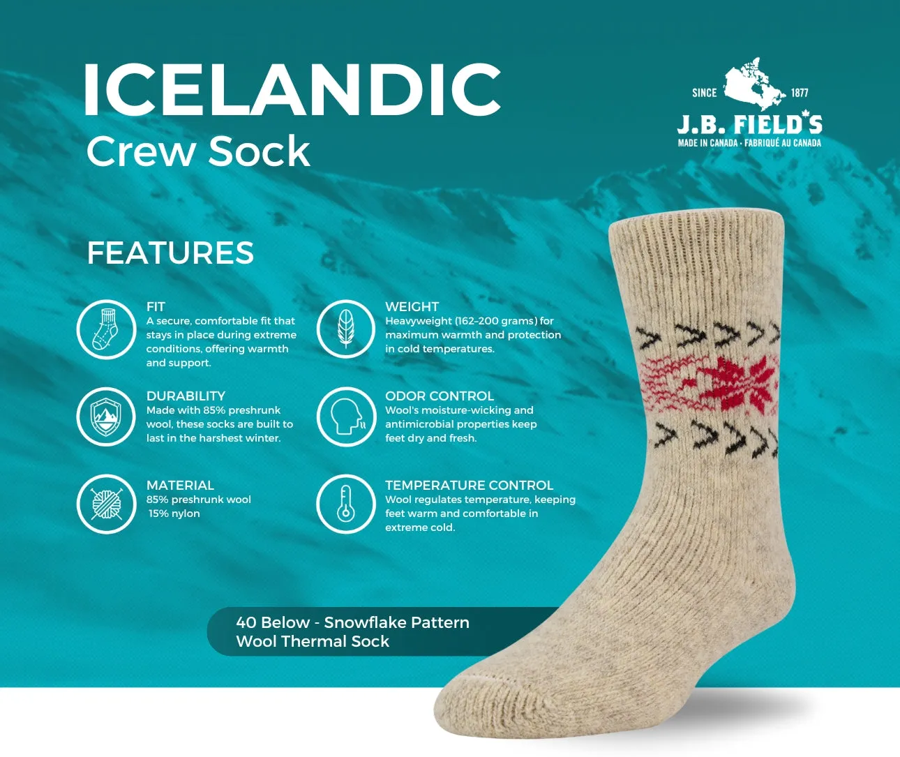 J.B. Field's Women's 40 Below "Snowflake Pattern" Wool Thermal Winter Sock sold by Great Sox product image thumbnail 2