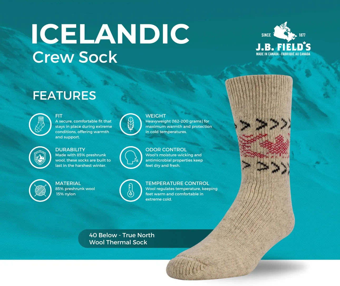J.B. Field's Men's Icelandic "40 Below True North" Wool Thermal Winter Sock sold by Great Sox product image thumbnail 2