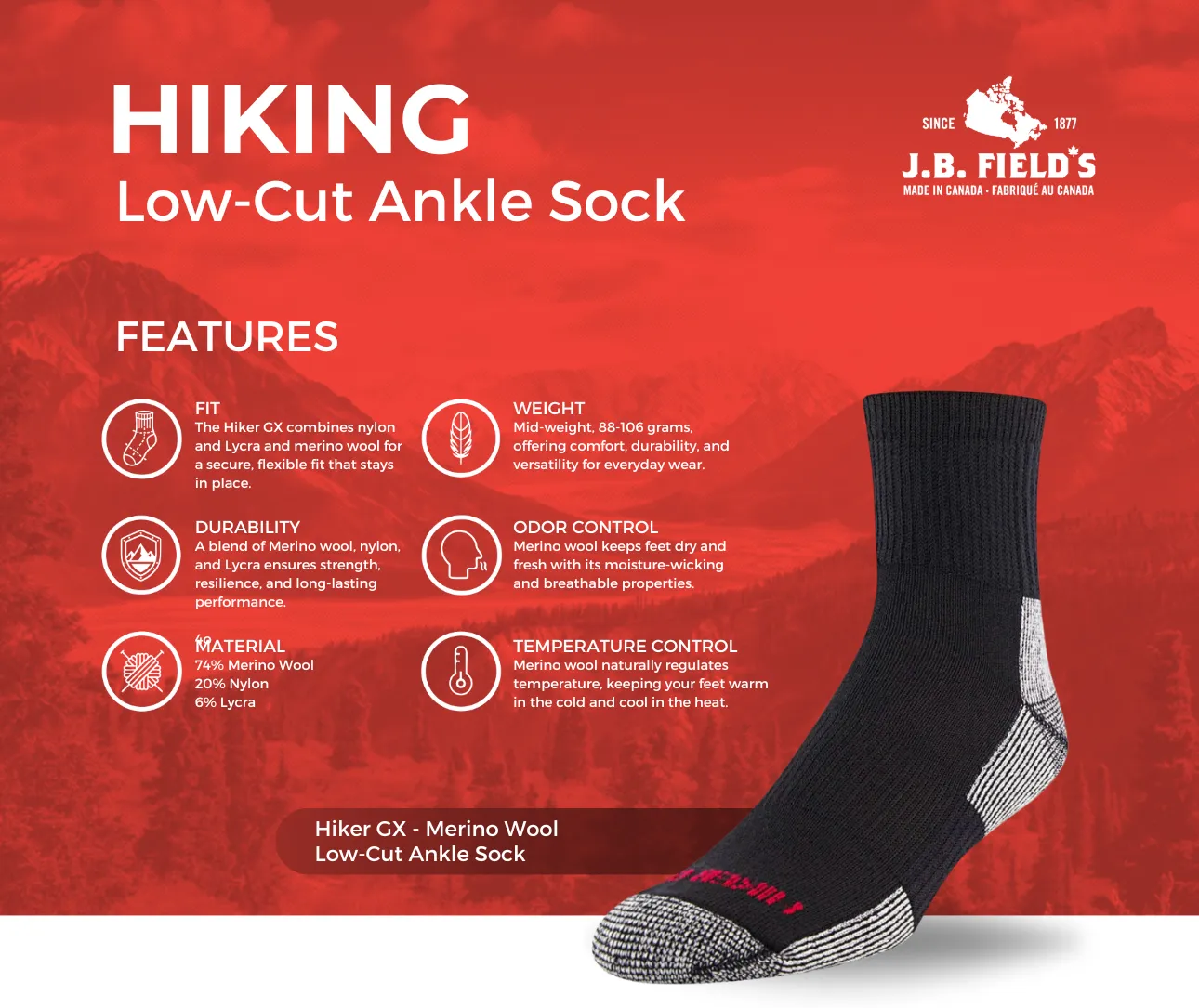 J.B. Field's "Hiker GX" Colourful 74% Merino Wool Low-cut Ankle Socks sold by Great Sox product image thumbnail 2