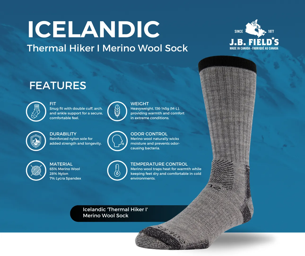 J.B. Field's Icelandic 'Thermal Hiker I' Merino Wool Sock sold by Great Sox product image thumbnail 2