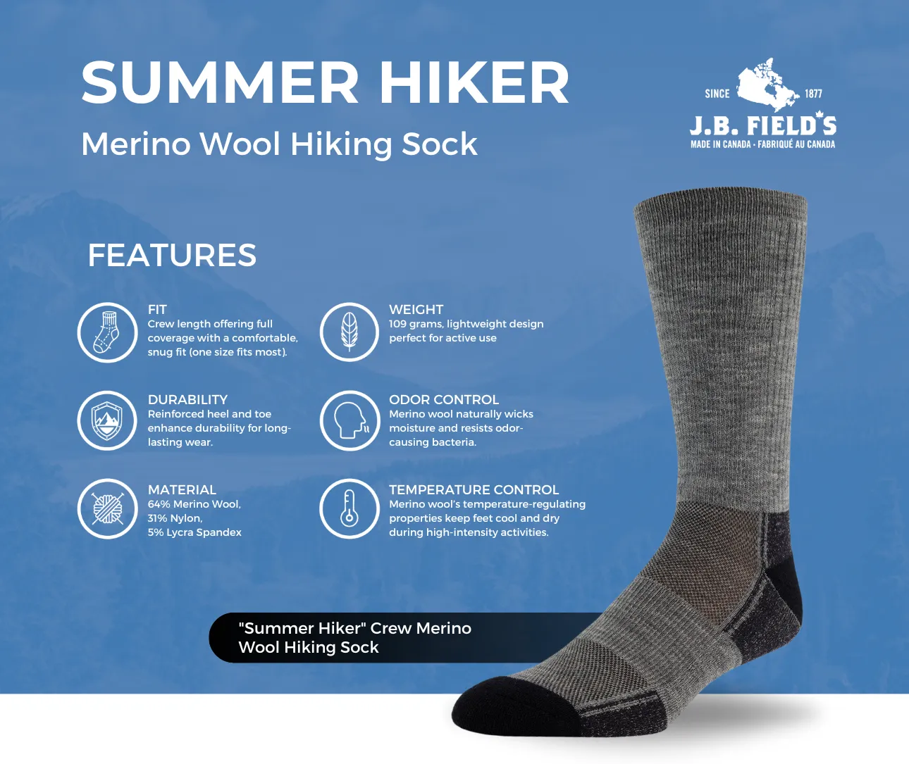 J.B. Field's "Summer Hiker" Crew Merino Wool Hiking Sock sold by Great Sox product image thumbnail 2