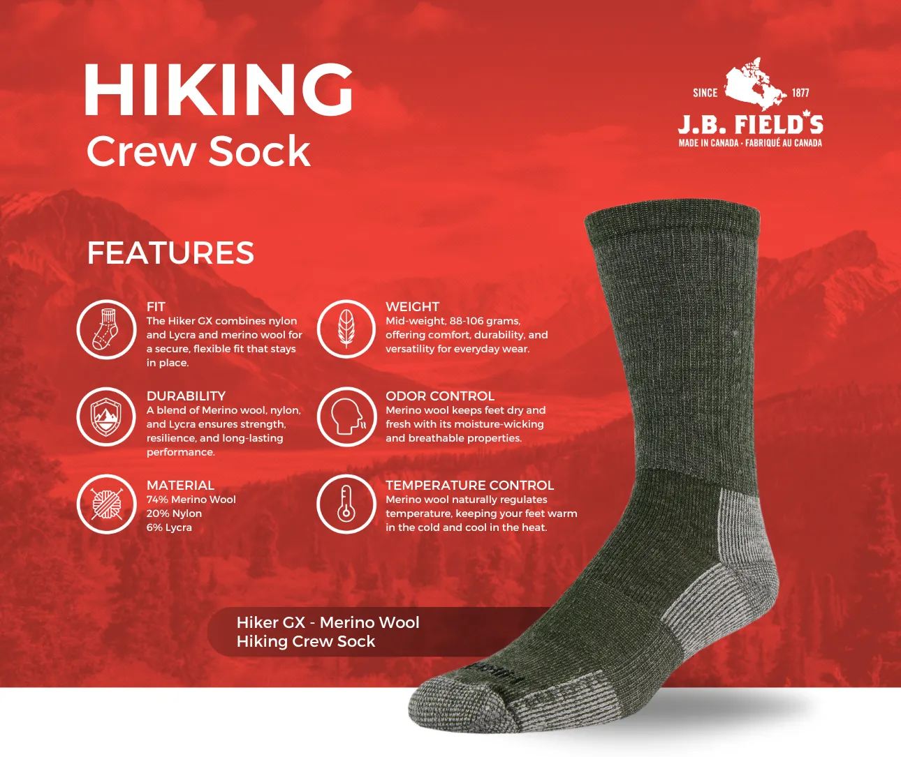 J.B. Field's "Hiker GX" 74% Merino Wool Hiking Crew Sock sold by Great Sox product image thumbnail 2