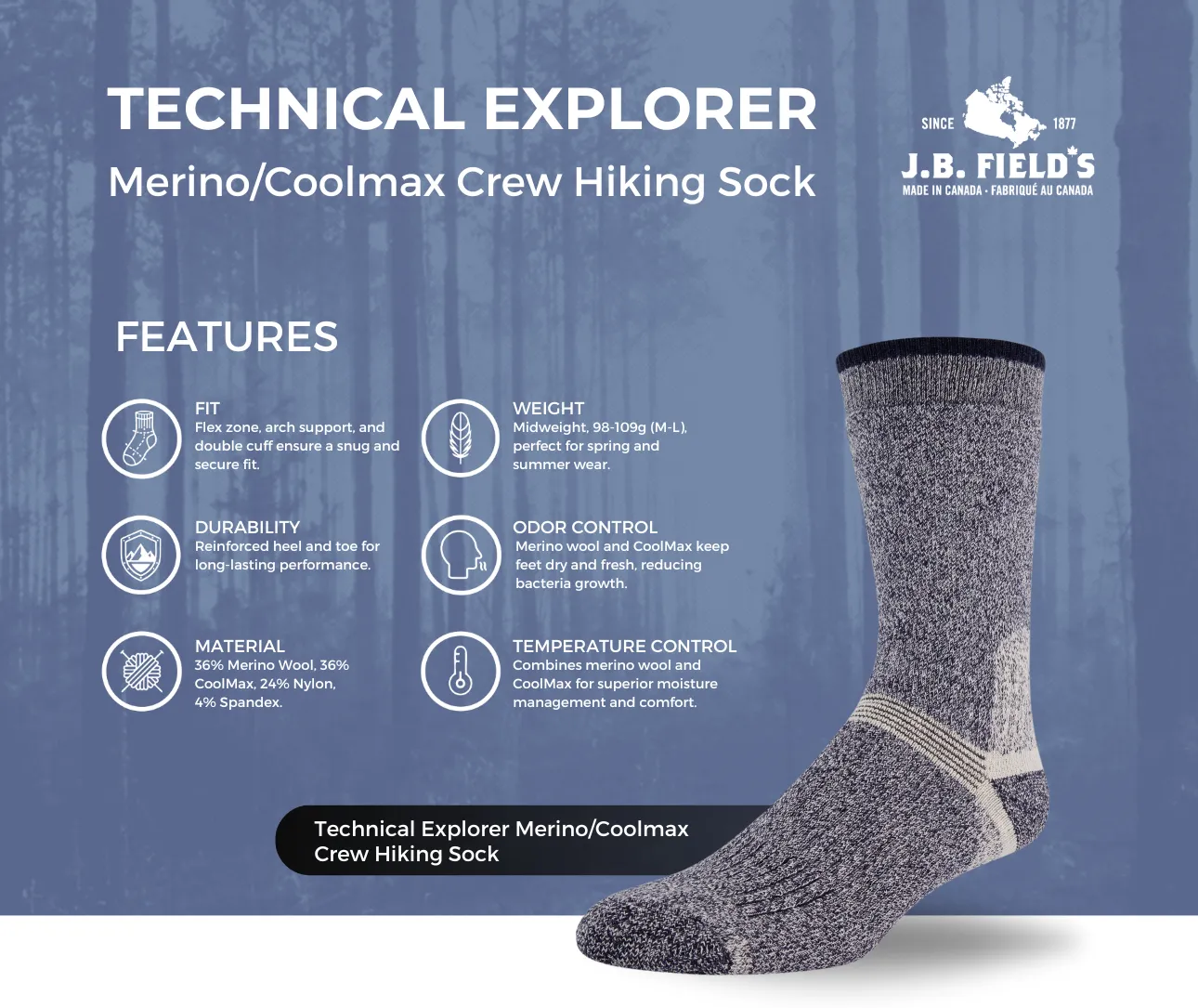 J.B. Field's "Technical Explorer" Merino/Coolmax Crew Hiking Sock sold by Great Sox product image thumbnail 2