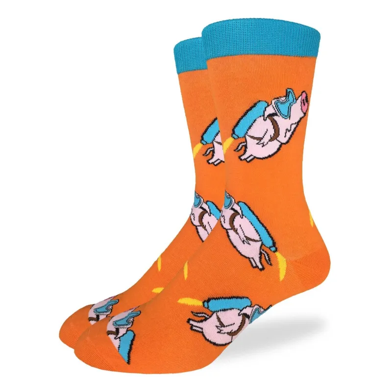 "Rocket Pig" Cotton Crew Socks by Good Luck Sock - Large made by Great Sox