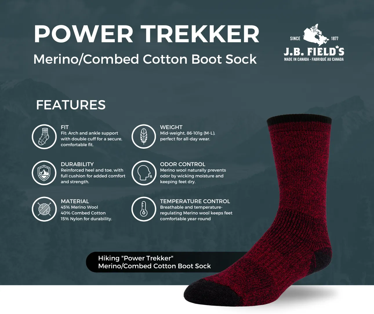 J.B. Field's "Power Trekker" Merino & Combed Cotton Socks - Large (CLEARANCE) sold by Great Sox product image thumbnail 2