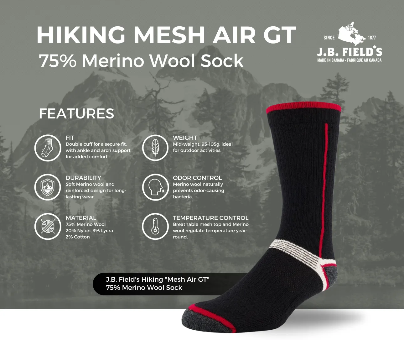 J.B. Field's Hiking "Mesh Air GT" 75% Merino Wool Sock (SMALL) sold by Great Sox product image thumbnail 2