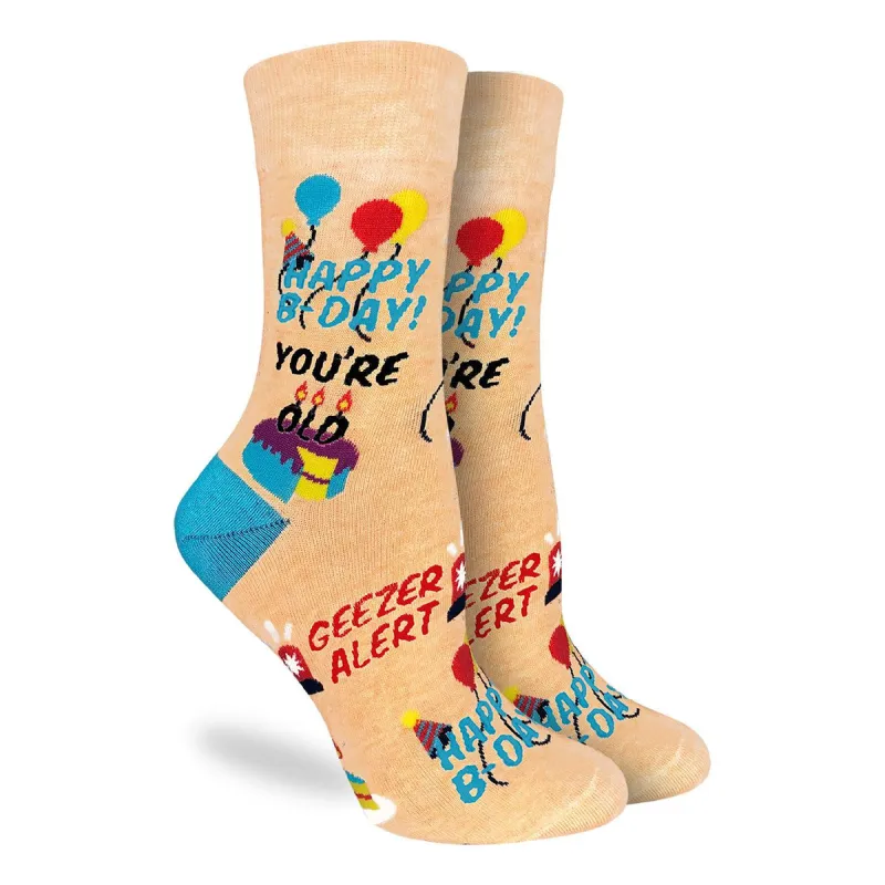 "Happy Birthday Geezer" Cotton Crew Socks by Good Luck Sock - Medium sold by Great Sox