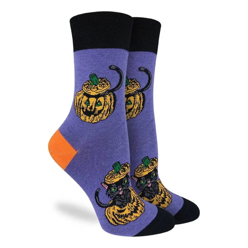"Black Cats Hiding in Pumpkins" Crew Socks by Good Luck Sock - Medium (CLEARANCE) sold by Great Sox
