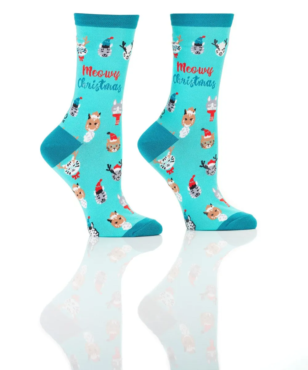 "Meowy Christmas" Cotton Crew Socks by Yo Sox - Medium sold by Great Sox