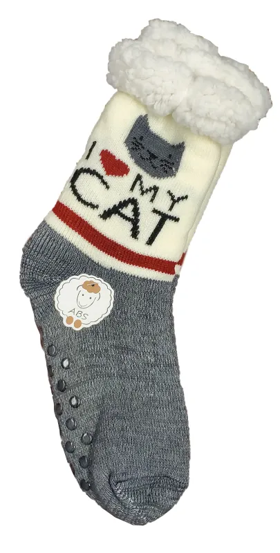 Northern Comfort "I Love My Cat" Sherpa Lined Grip Women and Men's Slipper Socks sold by Great Sox