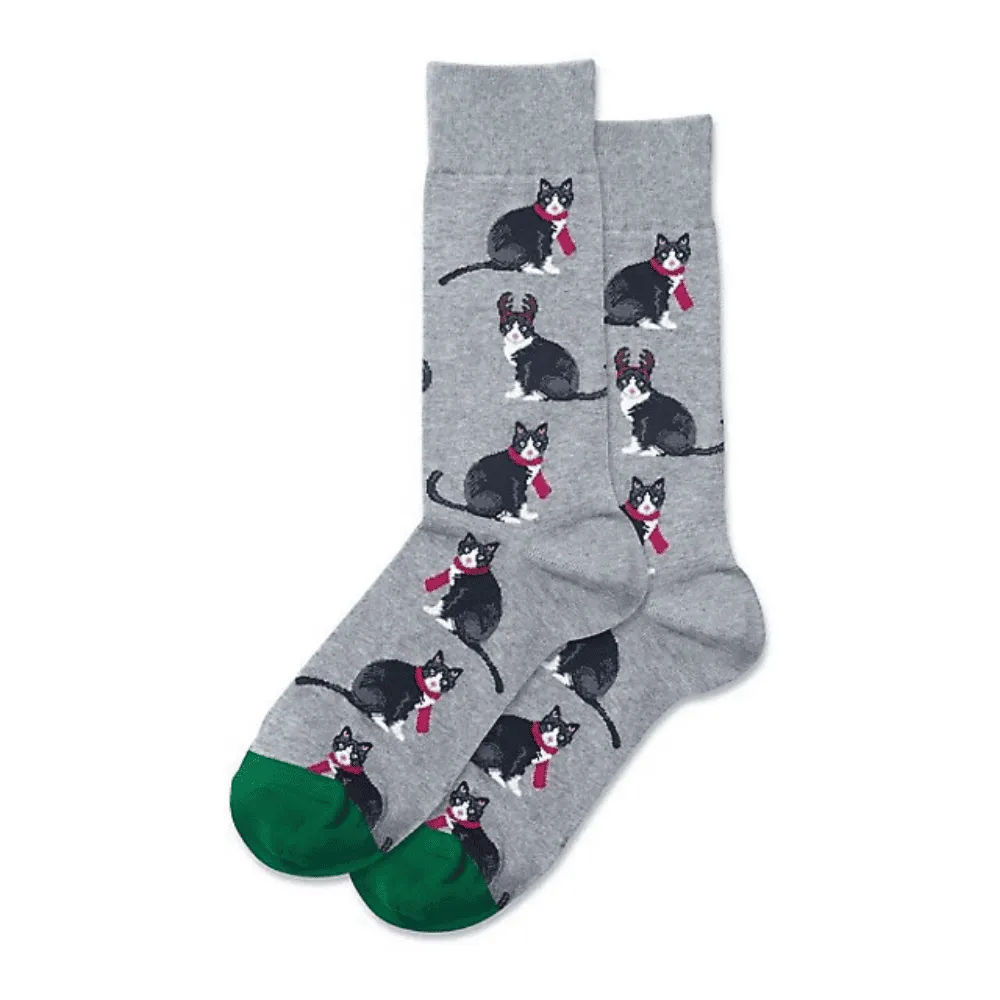 Grey "Reindeer Cat" Cotton Crew Socks by Hot Sox - Large sold by Great Sox