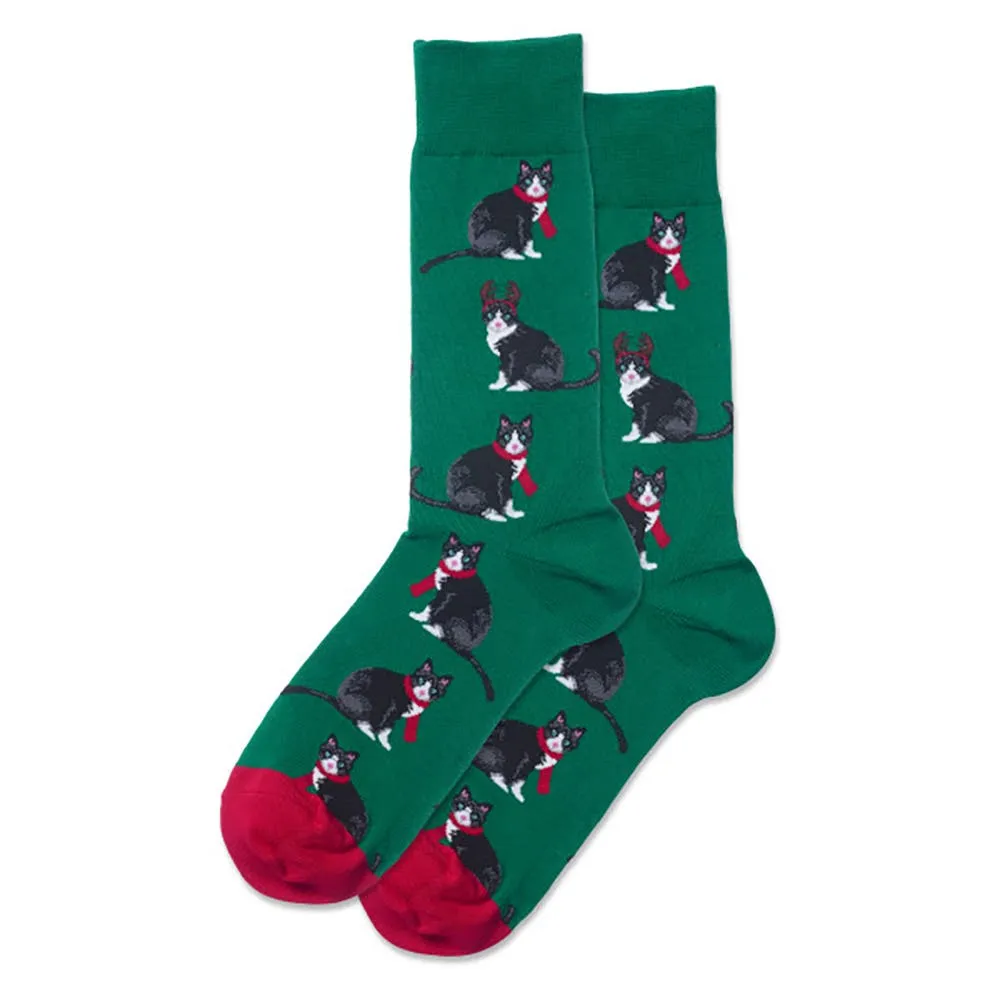 "Reindeer Cat" Cotton Crew Socks by Hot Sox - Large sold by Great Sox