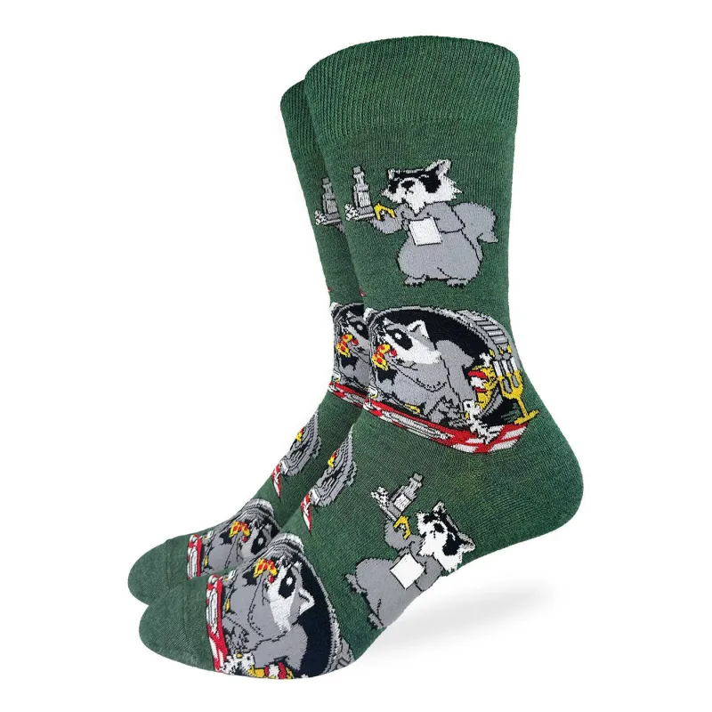 "Raccoon Eating Trash" Cotton Crew Socks by Good Luck Sock - Large sold by Great Sox