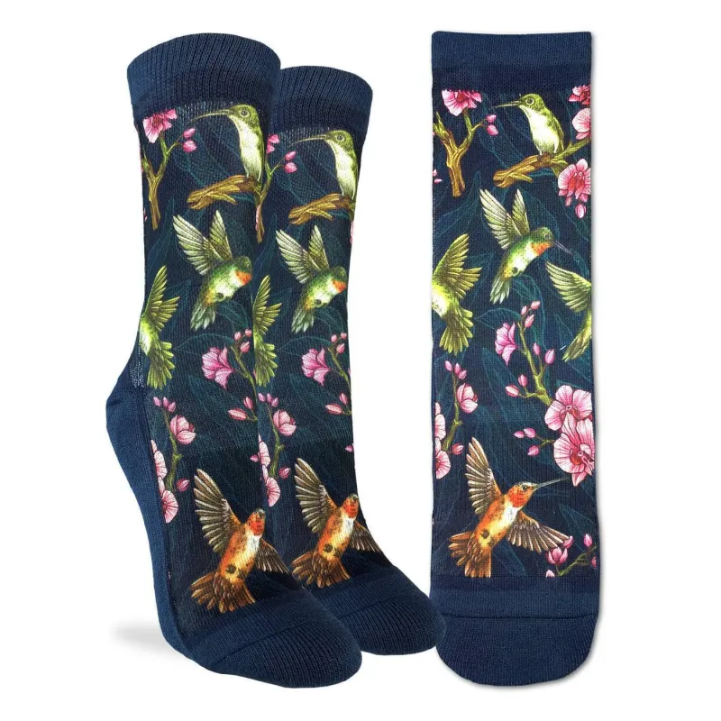 "Hummingbirds" Active Crew Socks by Good Luck Sock - Medium made by Great Sox