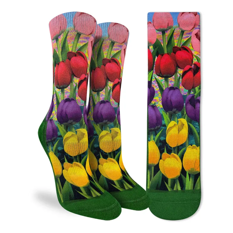 "Tulips" Active Crew Socks by Good Luck Sock - Medium made by Great Sox