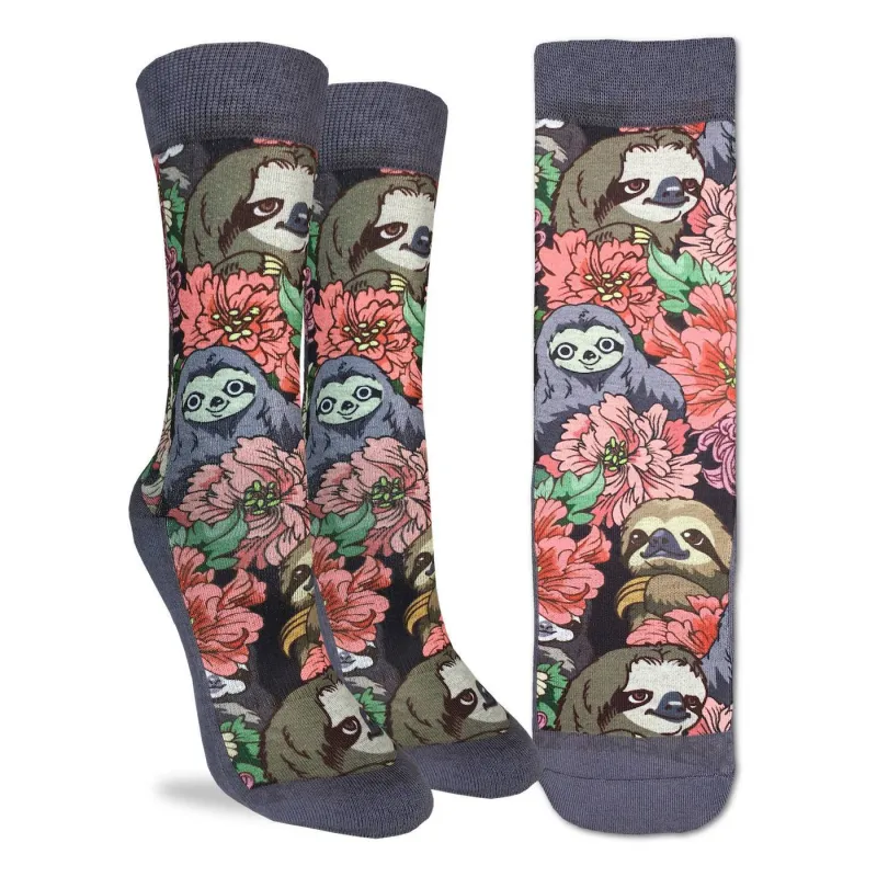 "Floral Sloths" Active Crew Socks by Good Luck Sock - Medium sold by Great Sox