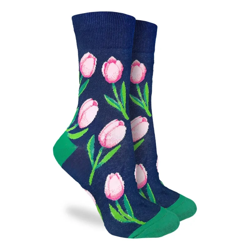 "Tulips" Cotton Crew Socks by Good Luck Sock - Medium made by Great Sox