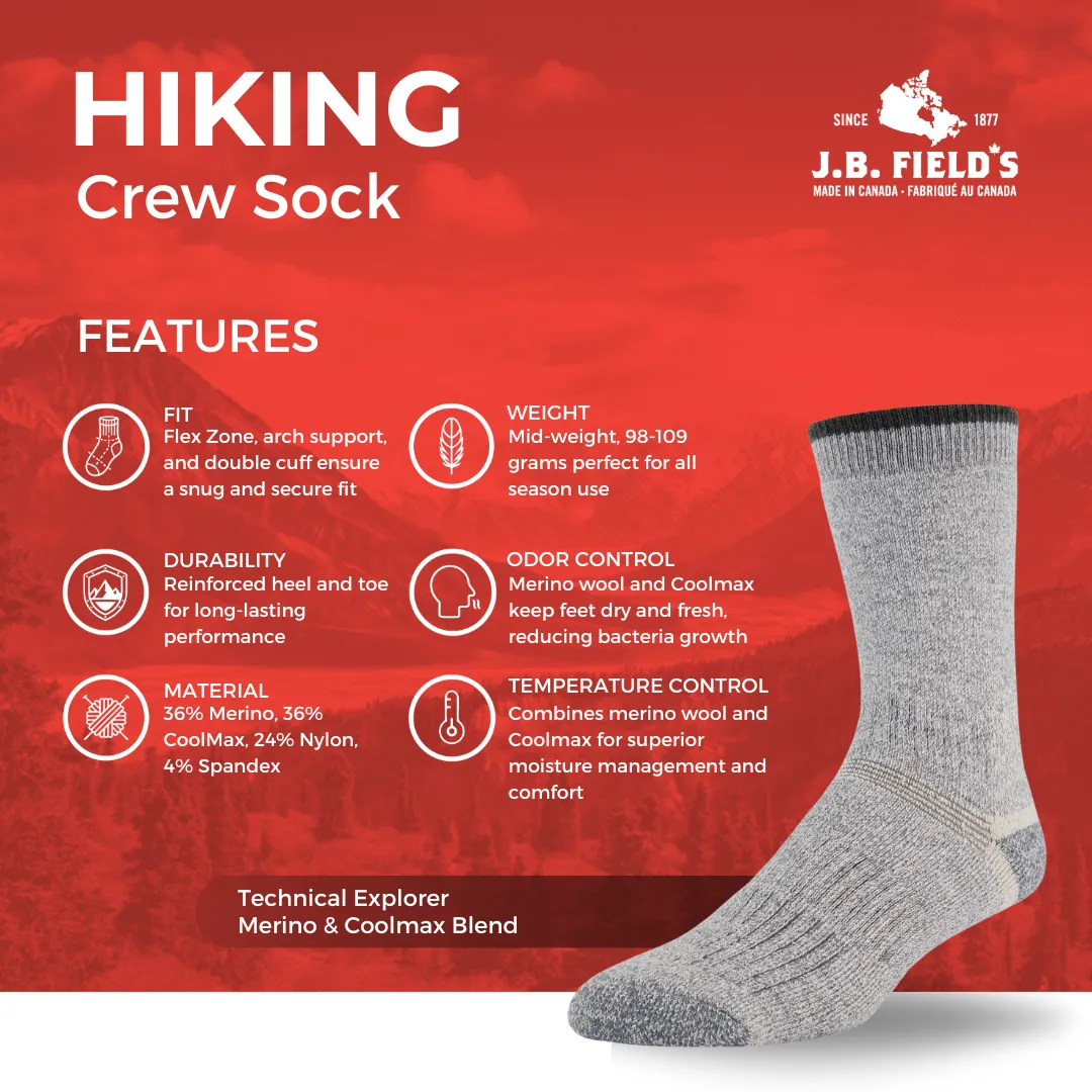 J.B. Field's "Technical Explorer" Merino/Coolmax Crew Hiking Sock (SLIGHTLY IMPERFECT) sold by Great Sox product image thumbnail 2