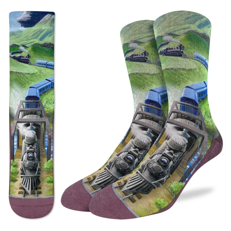 "Steam Train Locomotive" Active Crew Socks by Good Luck Sock- Large made by Great Sox