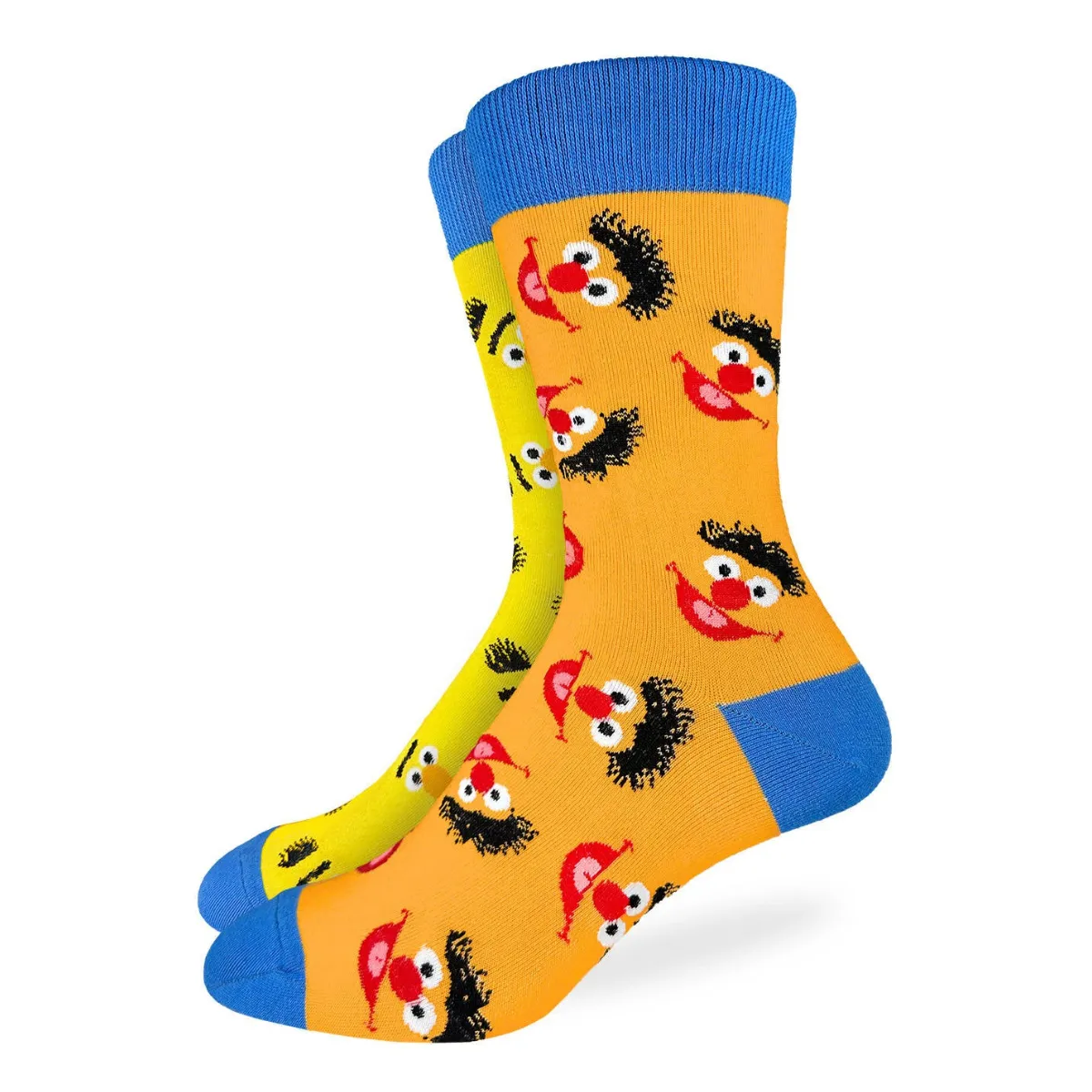 "Sesame Street, Bert and Ernie Mismatched Heads" Cotton Crew Socks by Good Luck Sock - Large sold by Great Sox