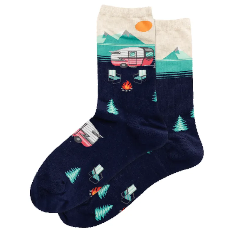 "Camper Scene" Cotton Crew Socks by Hot Sox - Medium sold by Great Sox