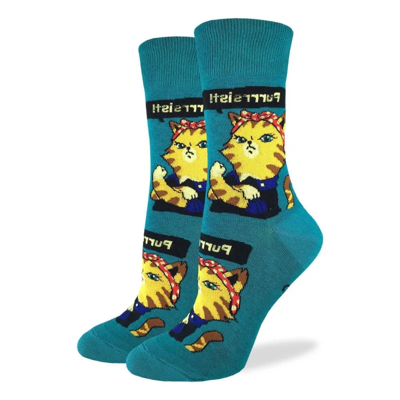 "Purrsist Cat" Cotton Crew Socks by Good Luck Sock made by Great Sox