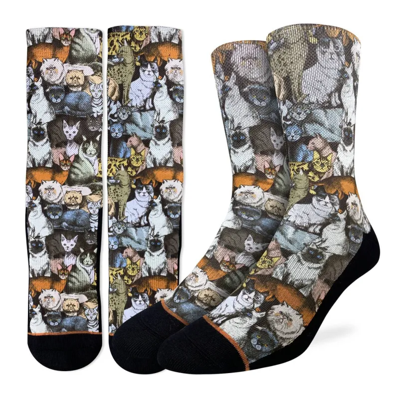 "Social Cats" Active Fit Crew Socks by Good Luck Sock - Large made by Great Sox
