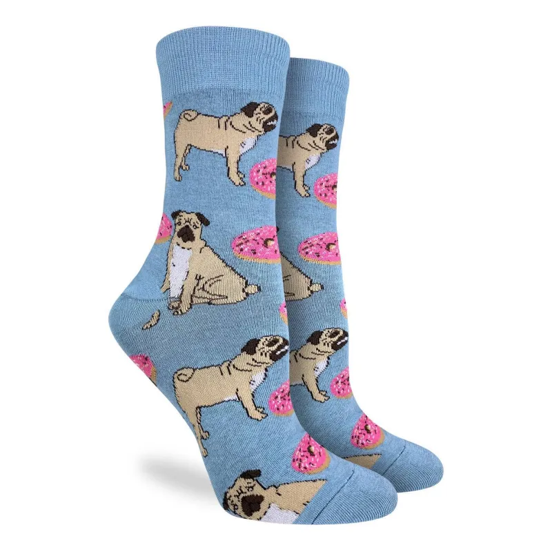 "Pugs and Donuts" Cotton Crew Socks by Good Luck Sock sold by Great Sox